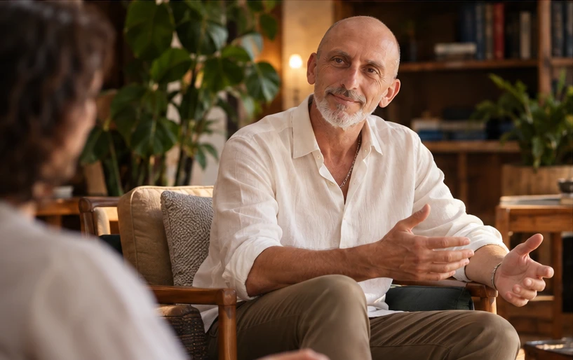 Claudio Zacchino conversando e escutando uma pessoa em um ambiente acolhedor