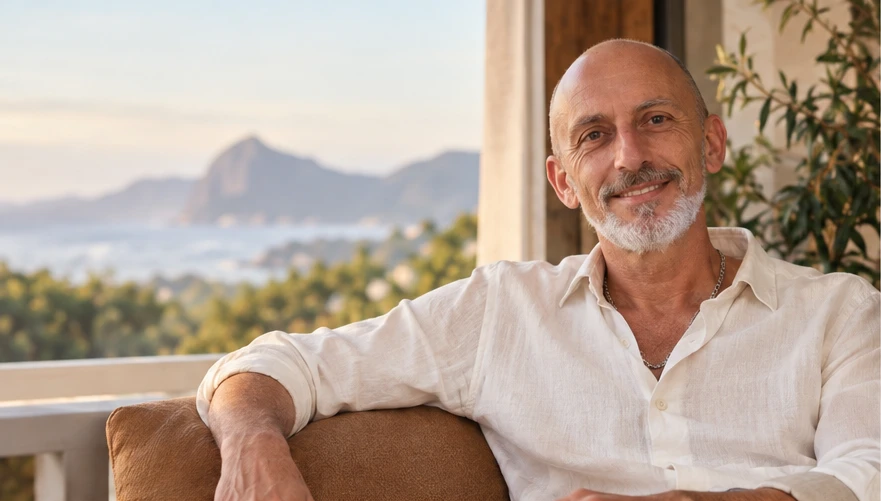 Claudio Zacchino sorrindo, sentado em uma varanda com vista para o mar e as montanhas