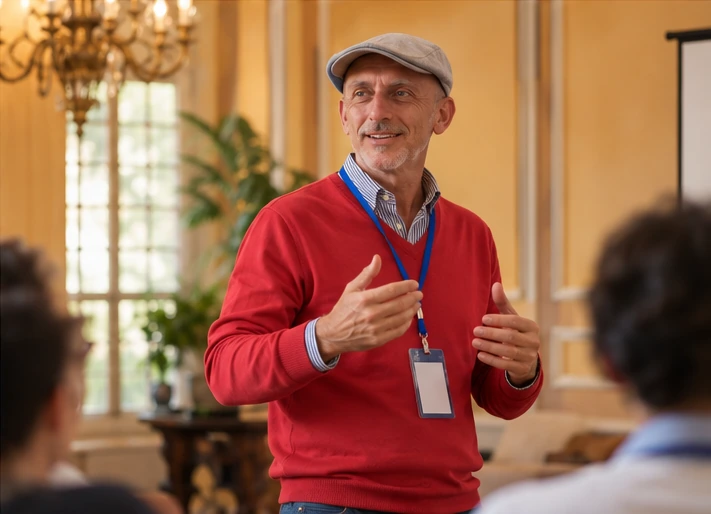 Claudio Zacchino falando para um grupo durante uma palestra