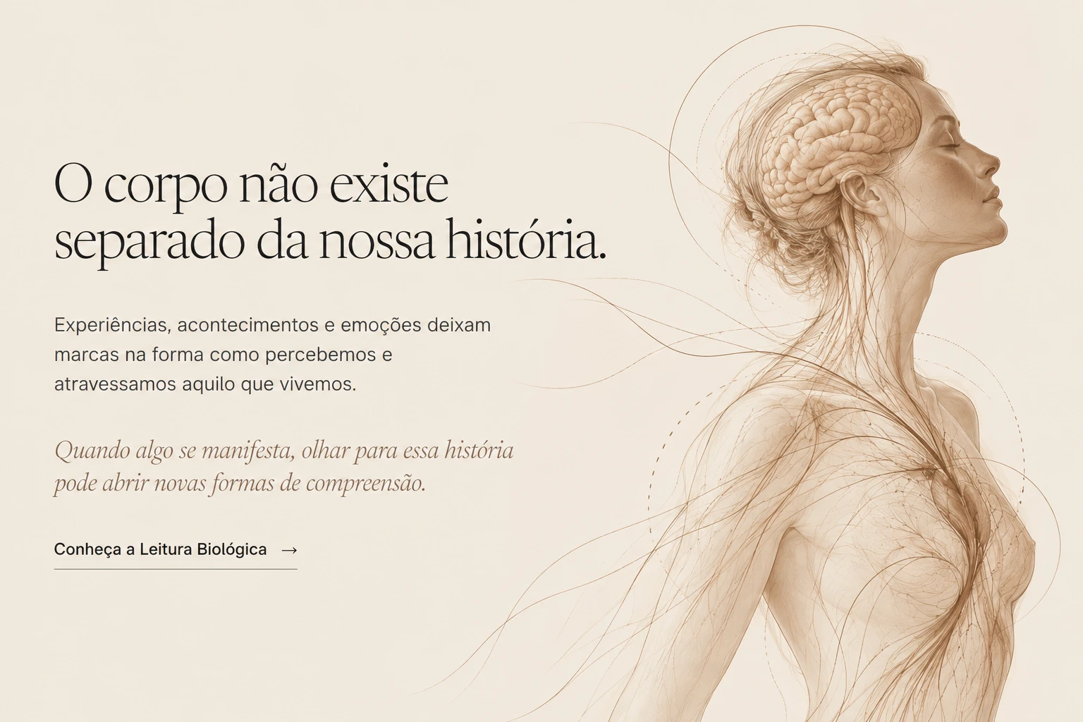 Ilustração editorial em tons de sépia: figura humana de perfil, de olhos fechados, com o cérebro visível e linhas finas que percorrem o corpo